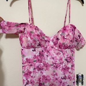 Curvy friendly beautiful pink floral maxi cocktail dress off-shoulder sleeve